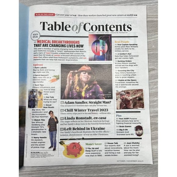 AARP Magazine October November 2022 Adam Sandler Linda Ronstadt Cool Vacations - Picture 2 of 6